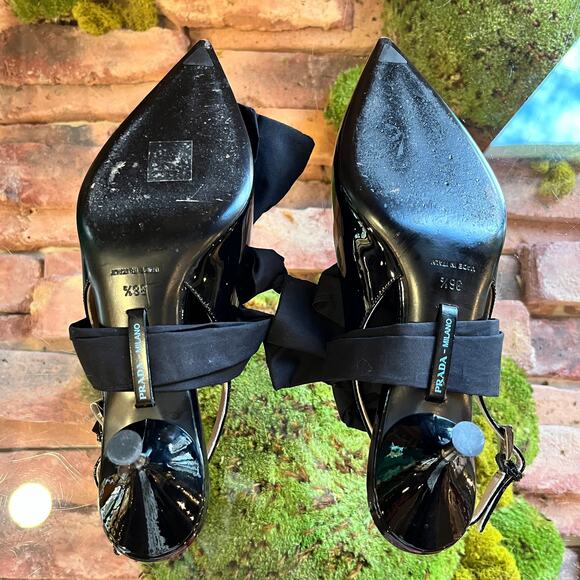 PRADA Black Patent Leather Pointed Toe Sling Backs w/bow SZ 36.5 (6.5 US) - Picture 4 of 11